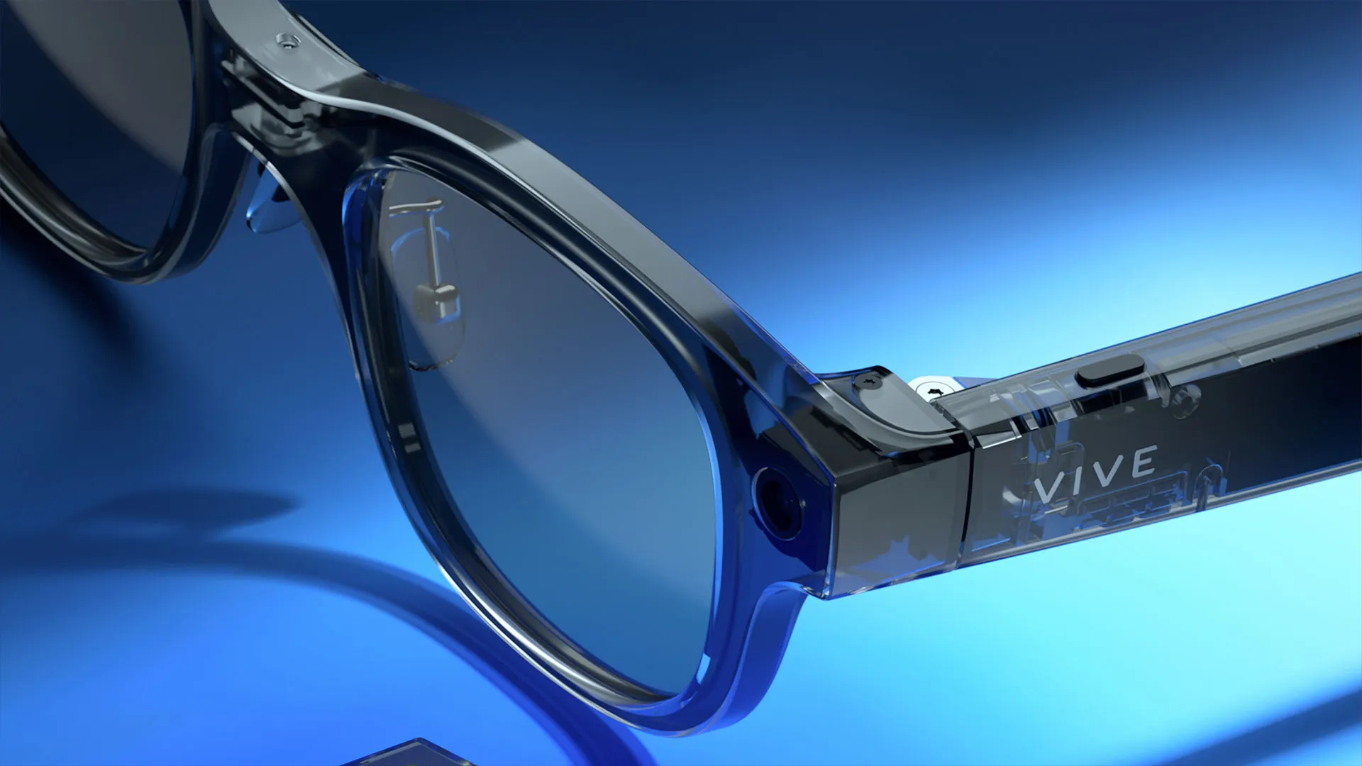 Close-up of the VIVE Eagle frame front and camera housing in translucent blue