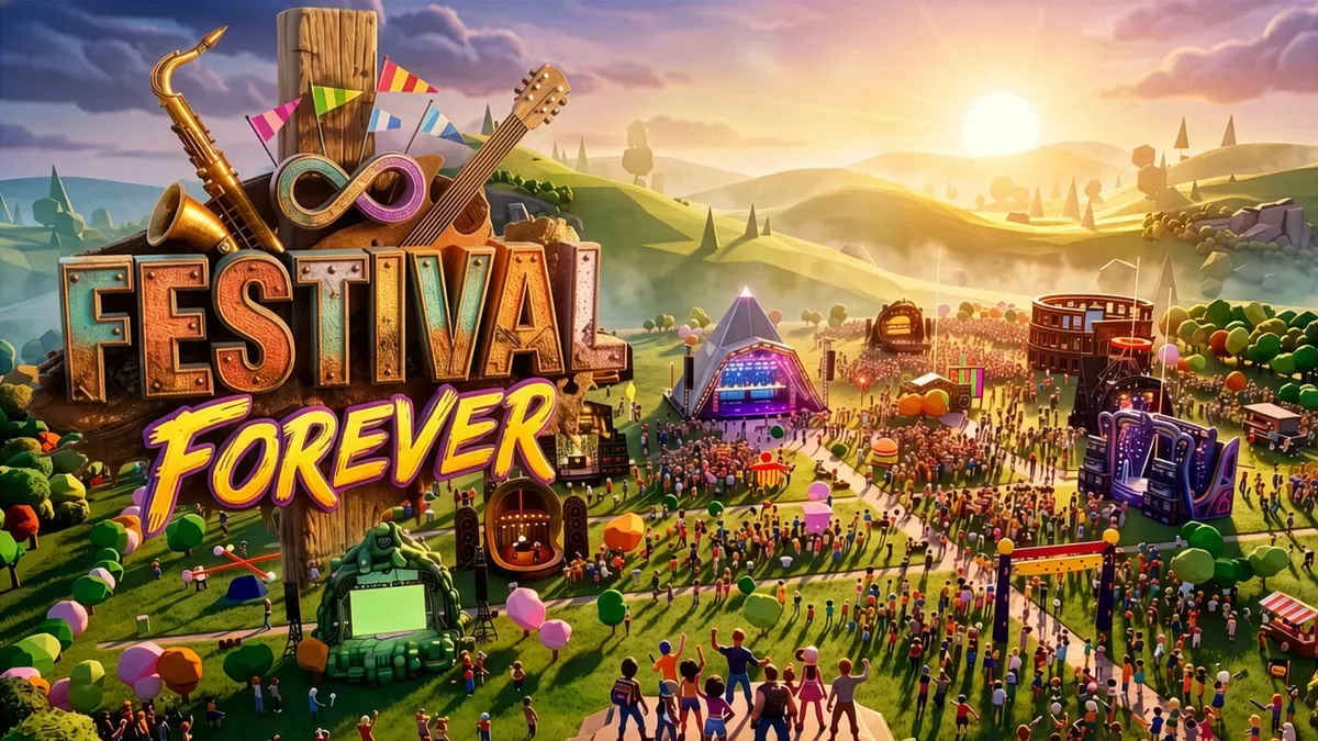 Festival Forever — a toon festival site seen from above, crowds around stages