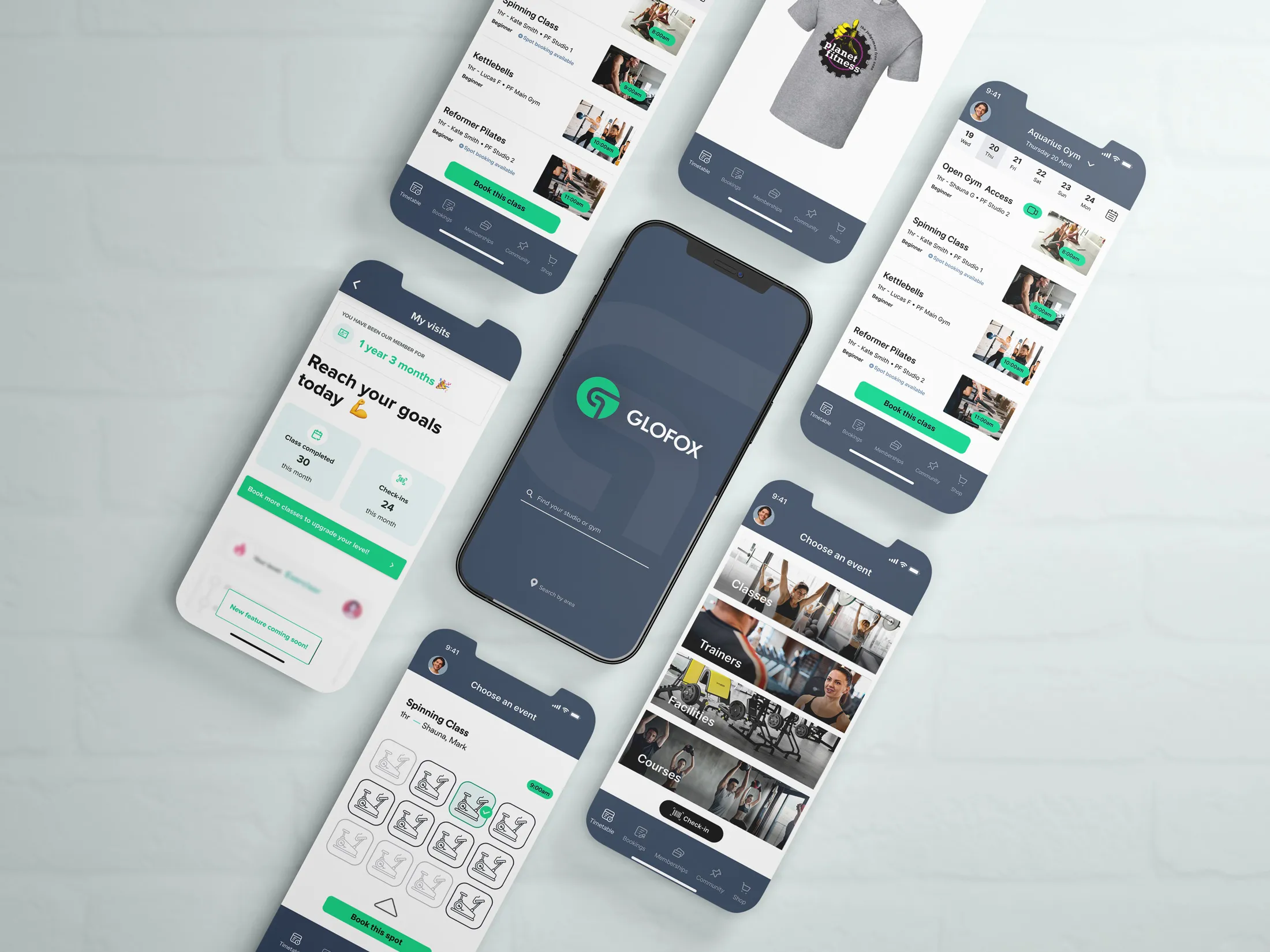 Glofox mobile app screens arranged in a staggered row