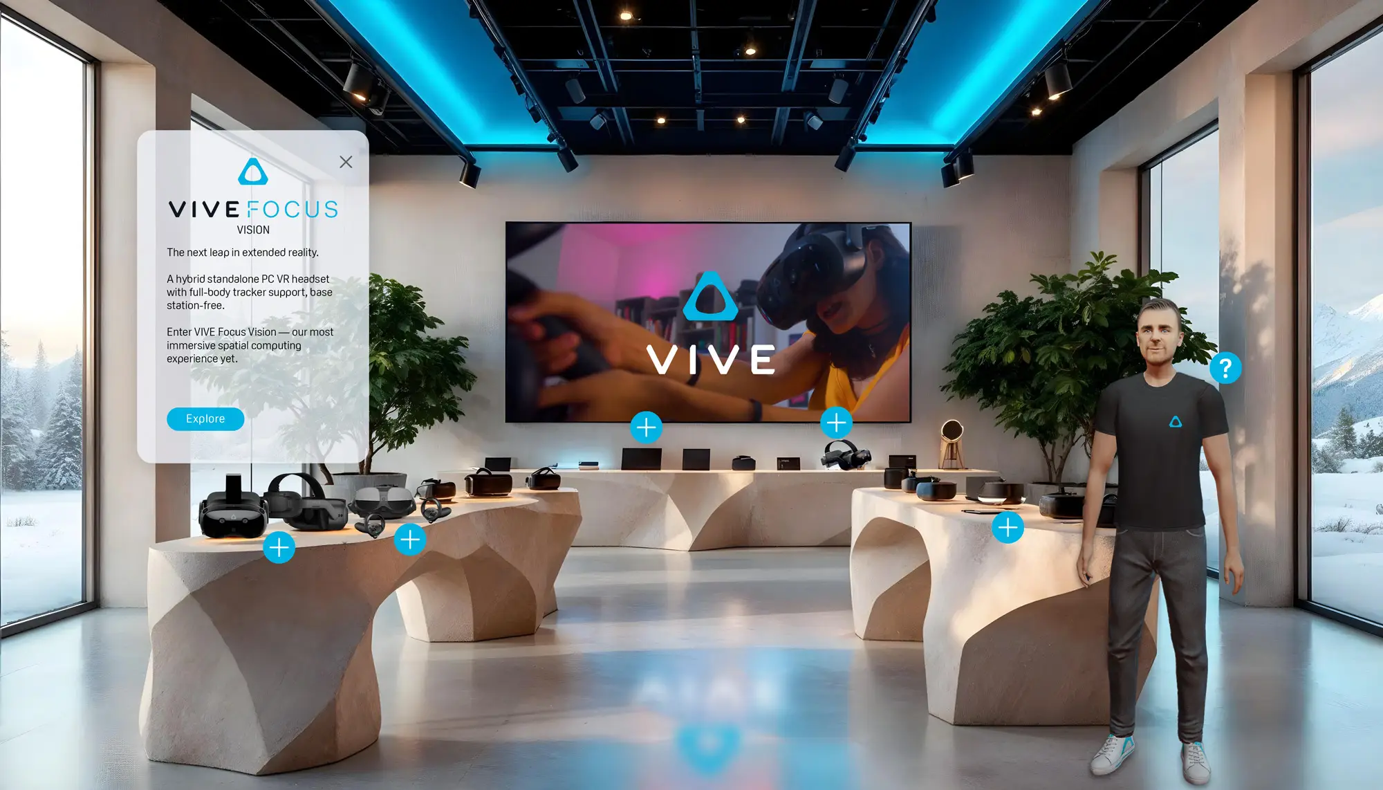 VIVE Focus retail store concept, headsets displayed on plinths
