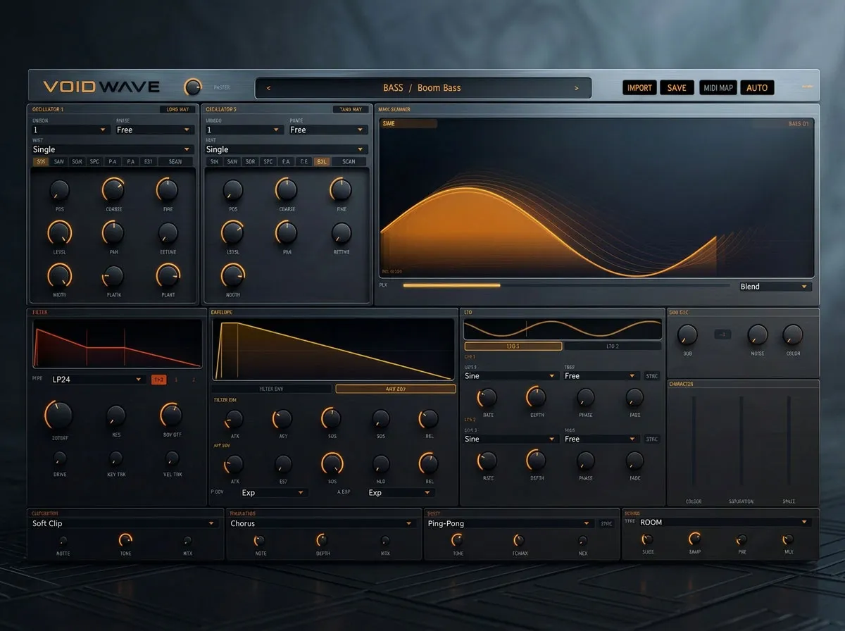 Void Wave synthesiser interface — dual wavetable oscillators, filter and mod matrix